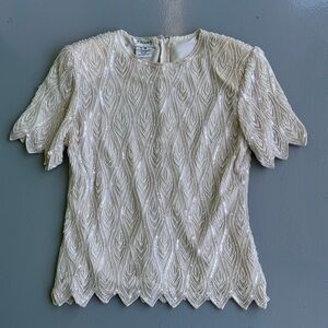 Stenay Cream Sequin Embellished Glass Beaded Blouse size Medium